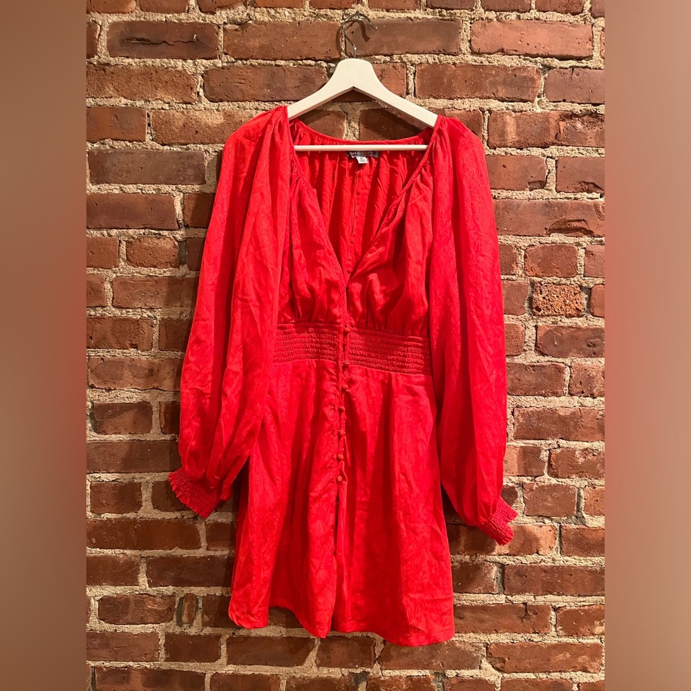 Urban Outfitters Red Bishop Sleeve Mini Boho Dress with Buttons